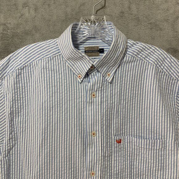 Southern Marsh Shirt Men Sz Medium Seersucker Short Sleeve Button Blue Preppy - Picture 3 of 9